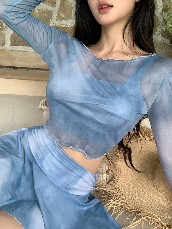 

Женский комплект бикини с высокой талией 2025 года: купальник из трех предметов с длинными рукавами, юбкой и сексуальным топом, солнцезащитный, из полиэстера