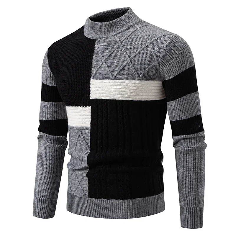 2025 Suéter de bloque de Color cálido informal de otoño e invierno para hombre de alta calidad, Tops de punto, ropa para hombre