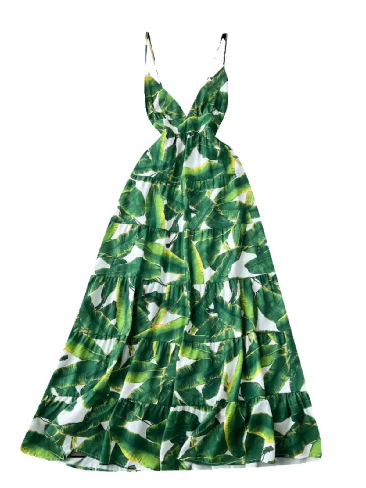 2024 Summer New Vacation Style Fashion Palm Leaf Print Sling Dress Women\'s Sexy V-Neck Backless Bow Tie up A-Line Long Skirt