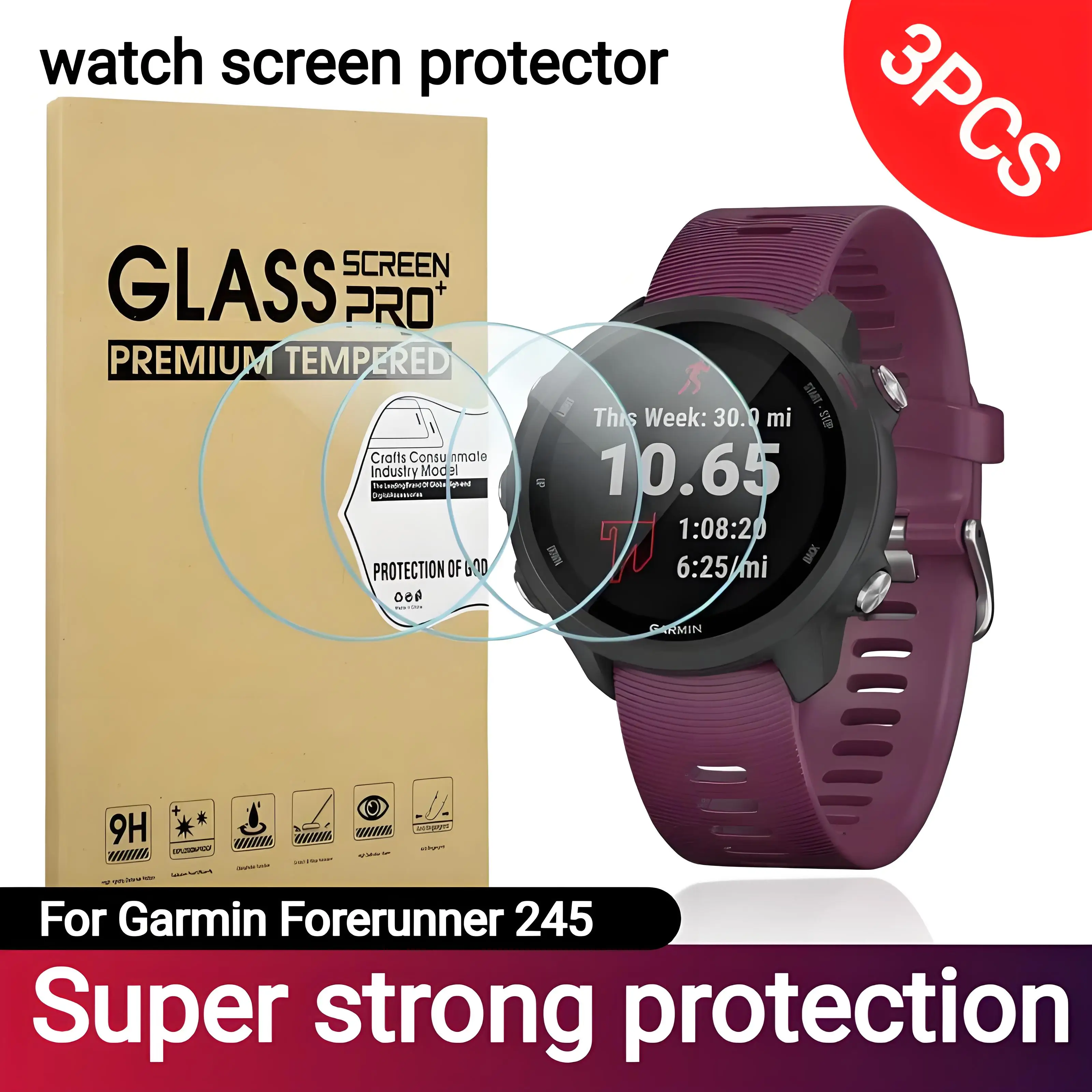 

3Pcs for Garmin Forerunner 265s /245 HD Tempered Glass Screen Protector - 9H Hardness, Scratch & Fingerprint-Resistant