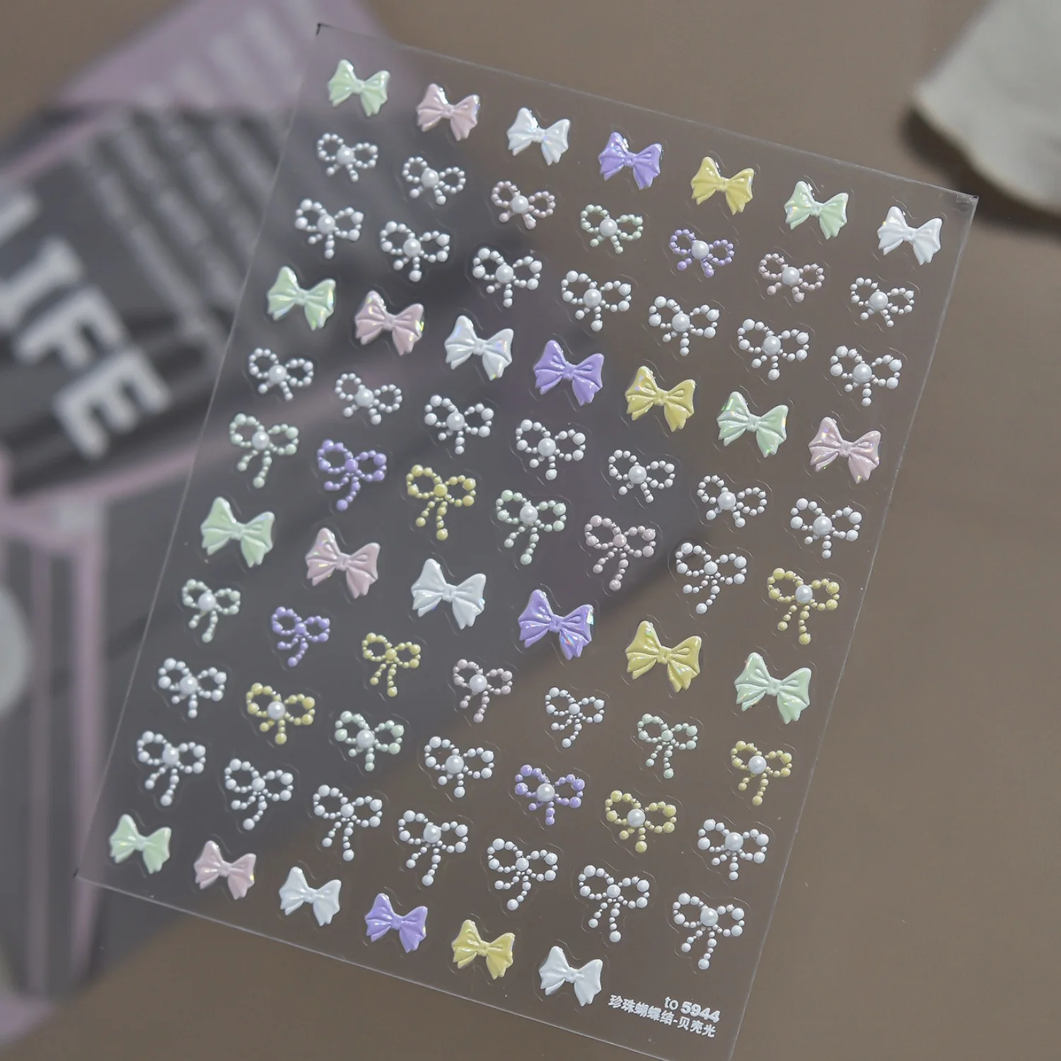 Macaron Bow 5D Nail Art Stickers Lovely Bow French Pearl Bow Metal Chain Decal Bowknot Self Adhesive Sweet Manicure Supplies