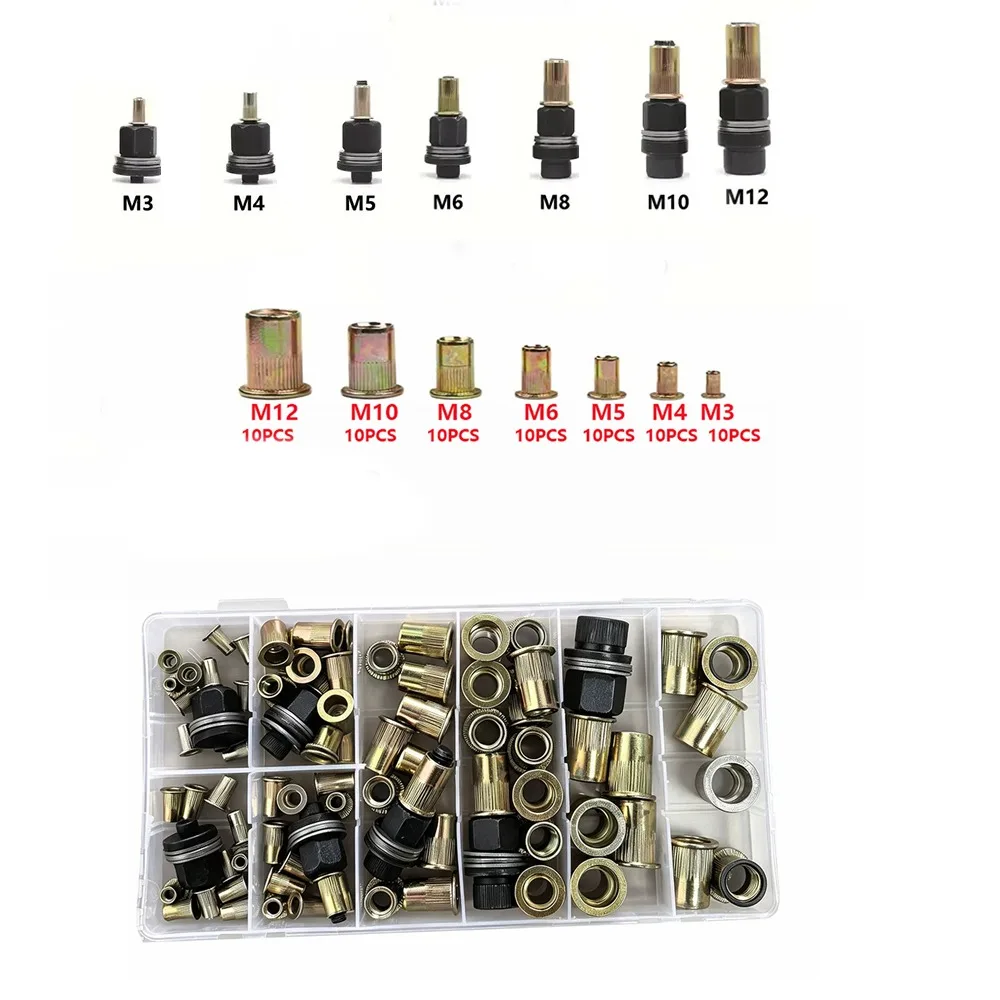 60/70 PCS Carbon Steel Rivet Nut Tool Threaded Head Rivet Nut Rivnut Kit Rustproof Manual Threaded Insert Tool Automotive Repair