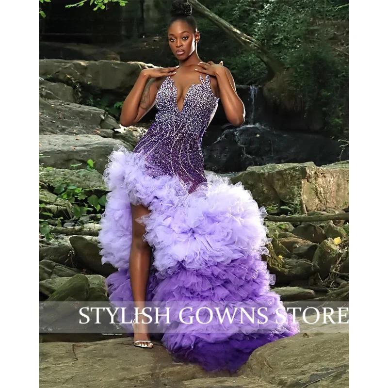 Vestidos de Noche con cuentas moradas de Nigeria, falda escalonada lateral dividida, vestido de graduación con cristales africanos, vestido de fiesta negro personalizado para niñas