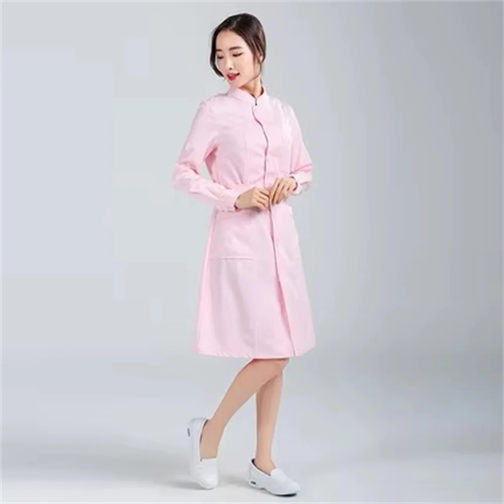 Nurses wear long-sleeved spring white coats are open stand-up collar pink female hospital pharmacy work clothes beauty clothes