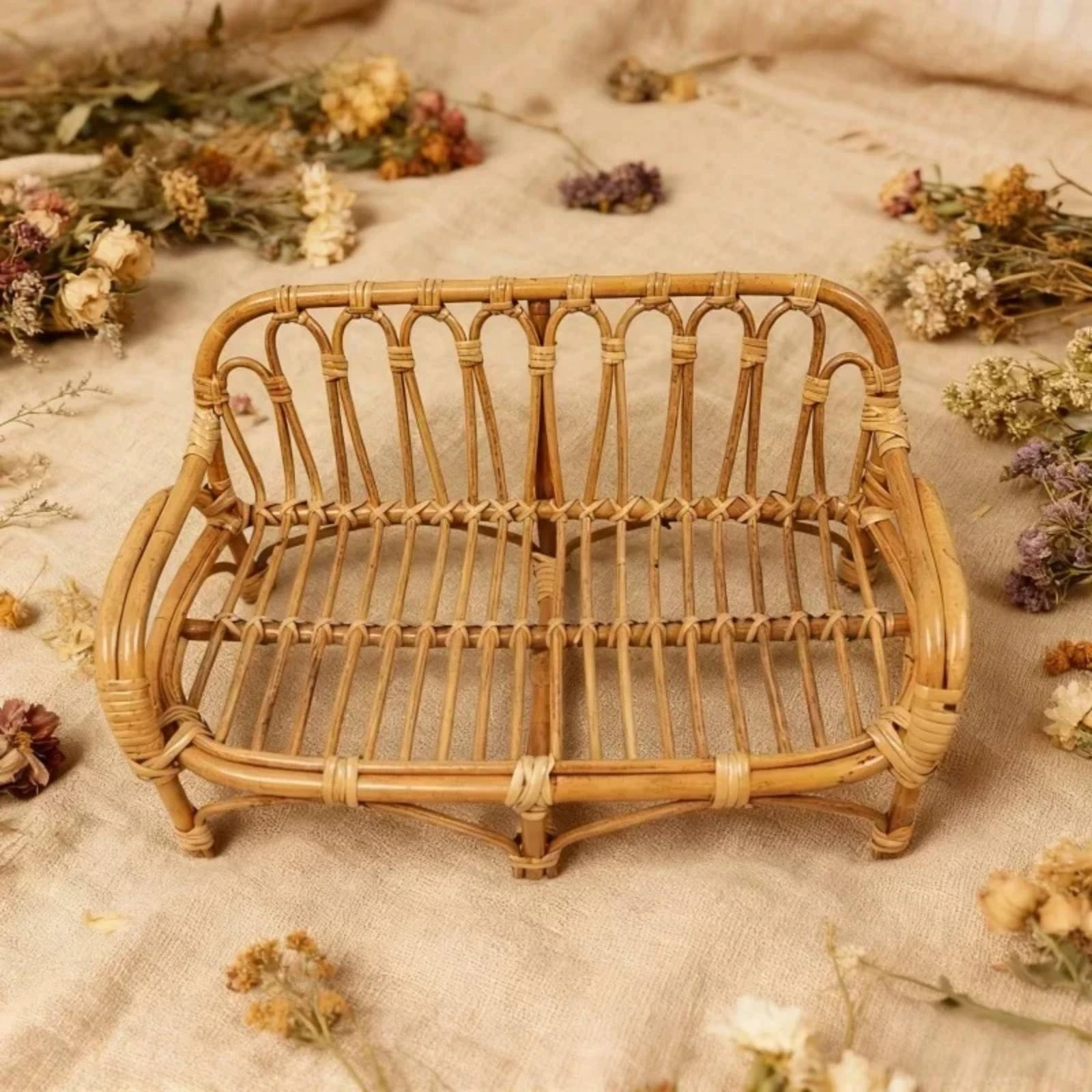 Photography Prop Rustic Rattan Bench Furniture Vintage for Photographers, Baby Portraits, Photo Shoots view 4