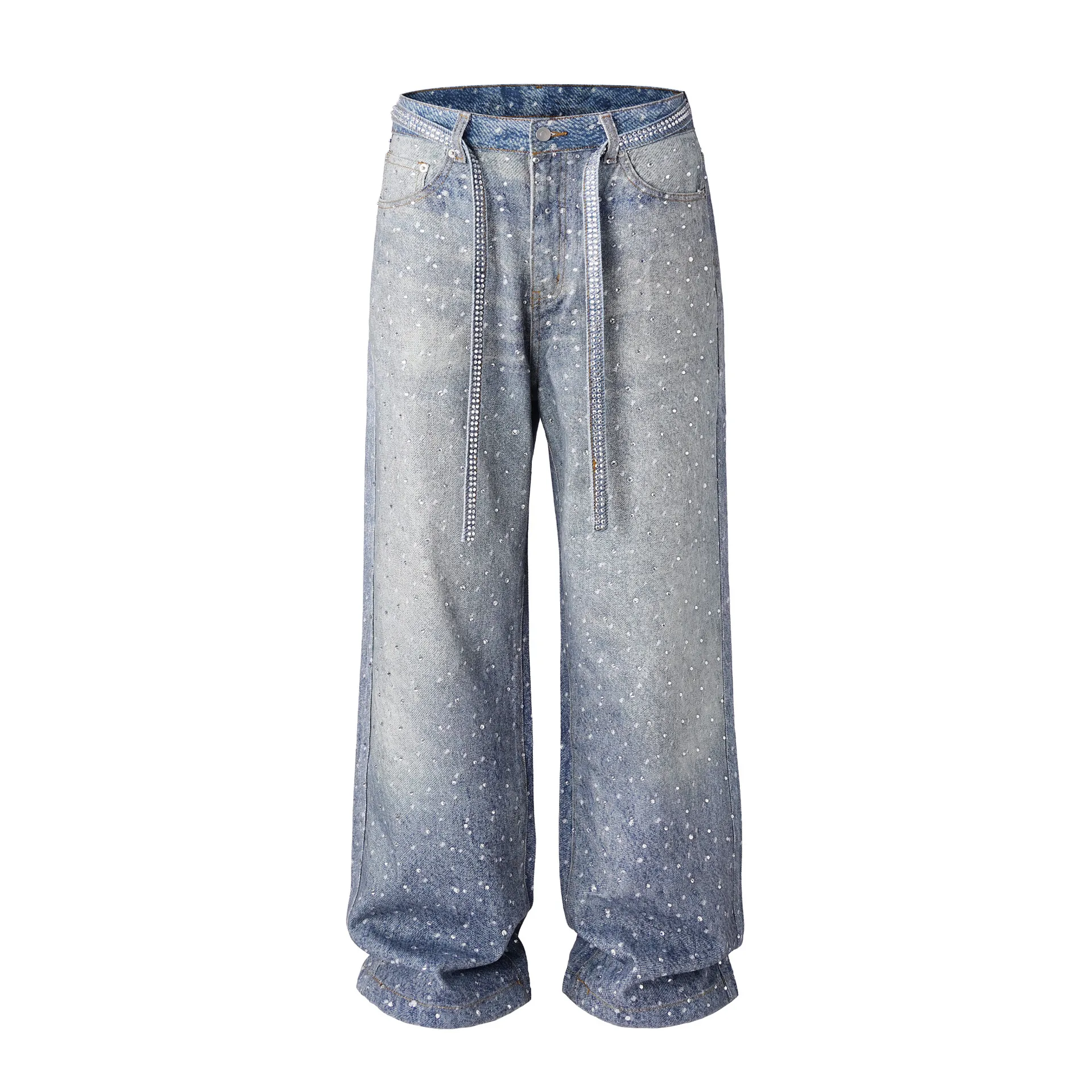 

Euro-American High Street Washed Loose Wide-Leg Fully Bedazzled Print Stacked Jeans (with Free Fully Bedazzled Belt) Hip-Hop