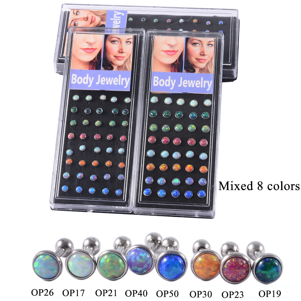 40Pcs/Box Surgical Steel Opal Stone Ball Monroe Lip Labret Ear Stud Ring Internally Thread Cartilage Piercing Body Jewelry 16G