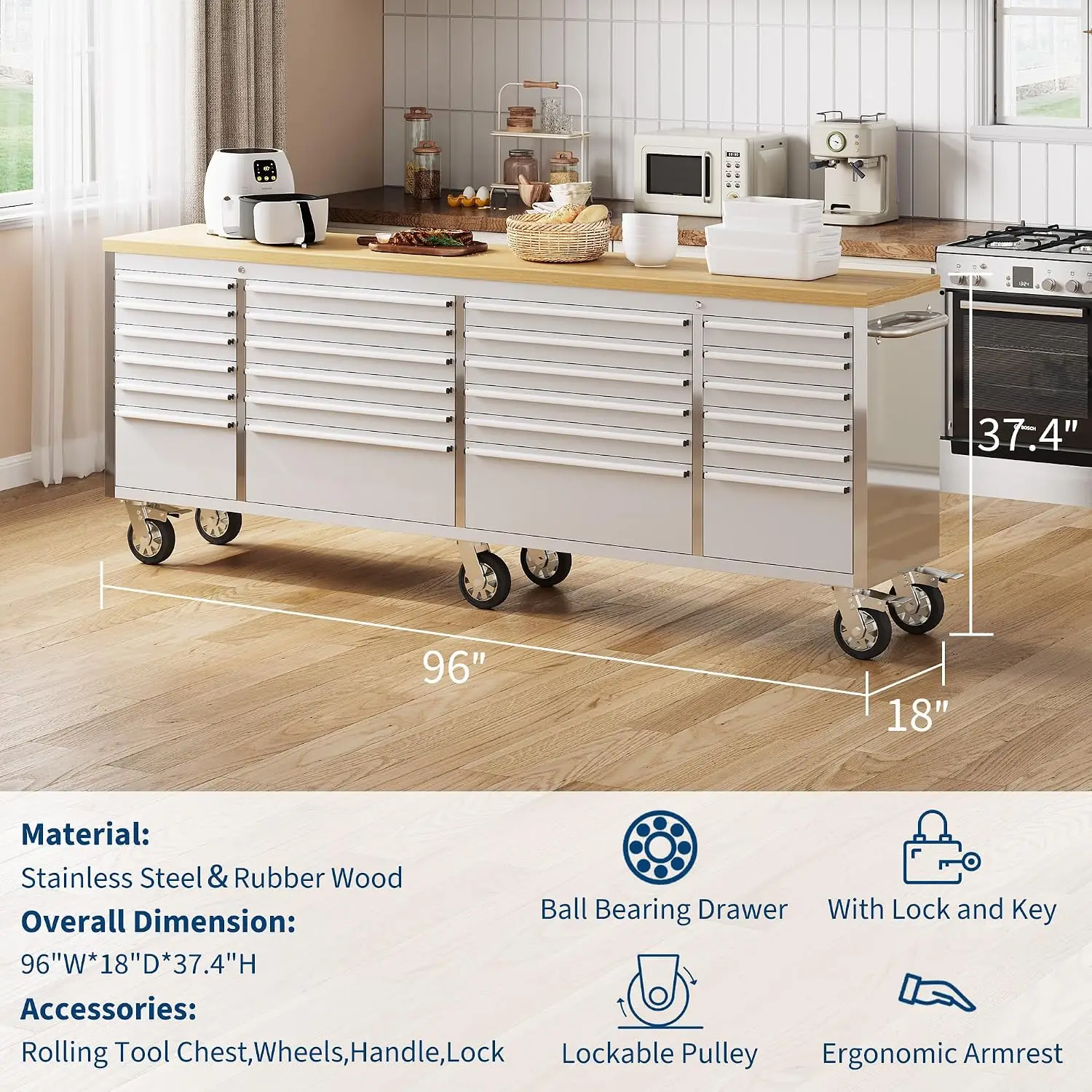 96-Inch Rolling Tool Chest with 24 Drawers – Solid Rubber Wood Top, Locking System with Keys, Mobile Workbench Cabinet for Garage & Workshop