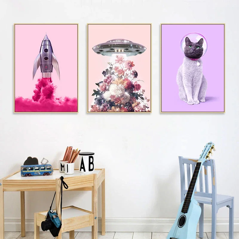 Boho Cartoon Space Cat Astronauts Planet Posters Art Prints Canvas Painting Wall Pictures Baby Kids Room Home Decoration