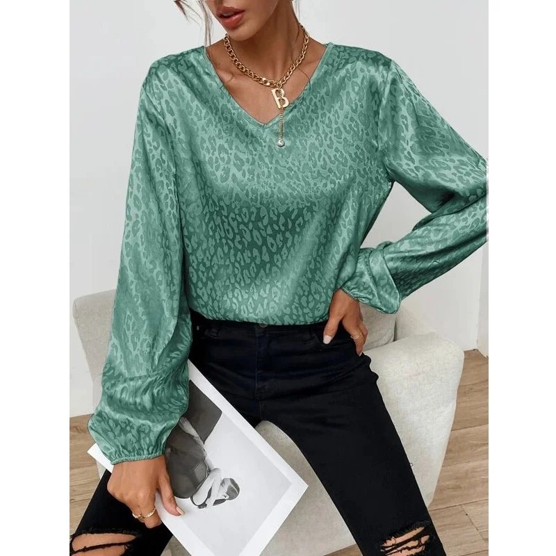 Blusa de Pulôver de Manga Longa com Estampa de Leopardo, Decote em V, Ajuste Solto para Mulheres, Csa Casual Confortável e...