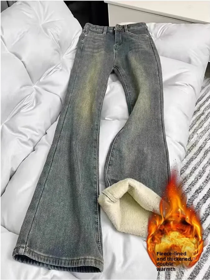 Thickened Fleece Retro Blue Straight Leg Jeans Women Winter plus Size Elastic Micro Flared Hoof Pants Natural Waist