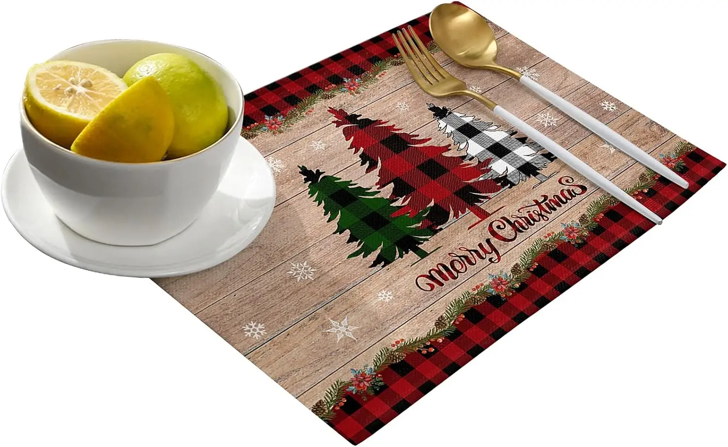 Artwork Store Merry Christmas Placemats Set of 4 Linen Table Mats Non-Slip Washable Buffalo Plaid Farm Xmas Tree Snowflake