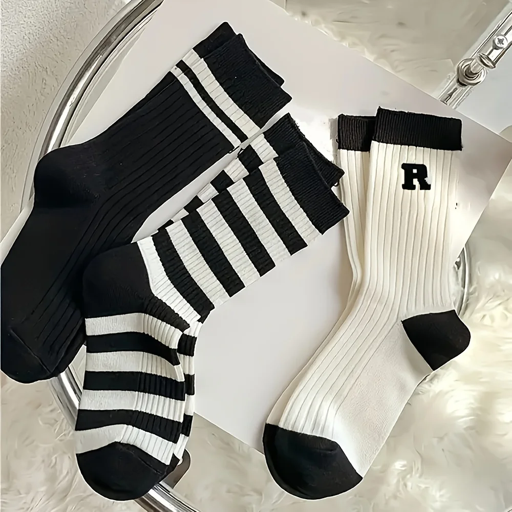 

5 pairs of women's mid length socks - moisture wicking, soft, black and white striped, comfortable and cute casual socks