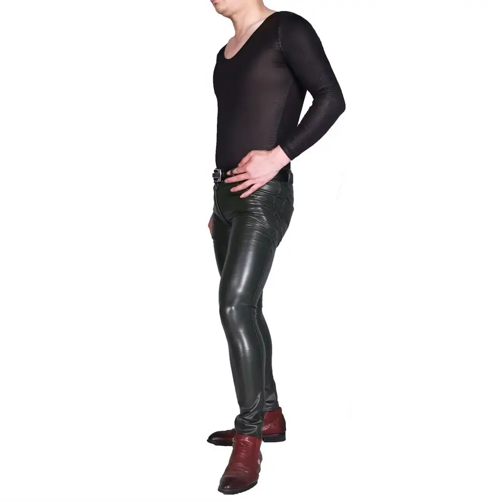 رجل فاسق بولي PU فو الجلود السراويل مرونة عالية نحيل Bootcut الجينز منتصف الارتفاع عادية دراجة نارية سروال شكل قلم رصاص رائع أنيق