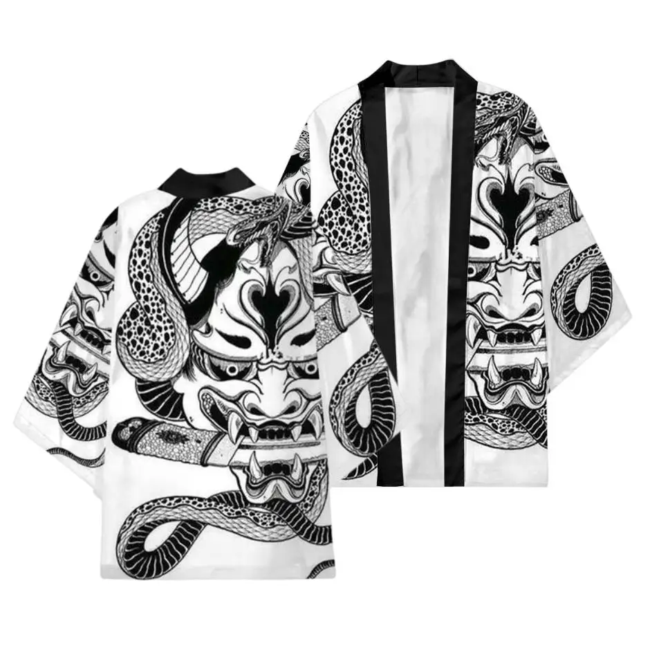 

Summer Demon Snake Print Cardigan Men's Chinese Dragon Pattern Japanese Kimono Plus Size Asian Traditional Costume Cosplay Coat