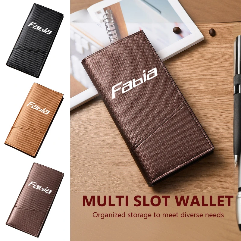 For Skoda Carbon Fiber Car Wallet Men Long Leather Multi Slot Card Holder Rapid Kodiaq Karoq Fabia Kamiq Fabia MK3 Roomster