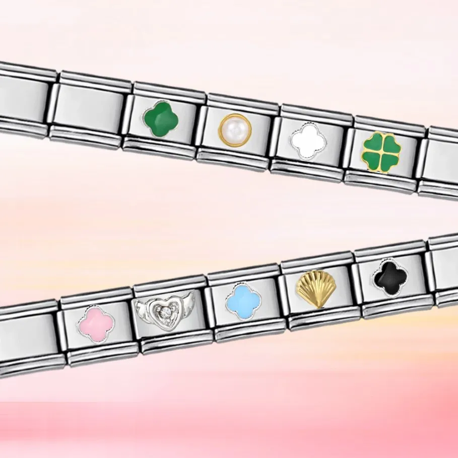Stylish Colorful Four-leaf Clover Charm Italian Links Fit 9mm Bracelet Stainless Steel Women Valentine\'s Day Jewelry DIY Making