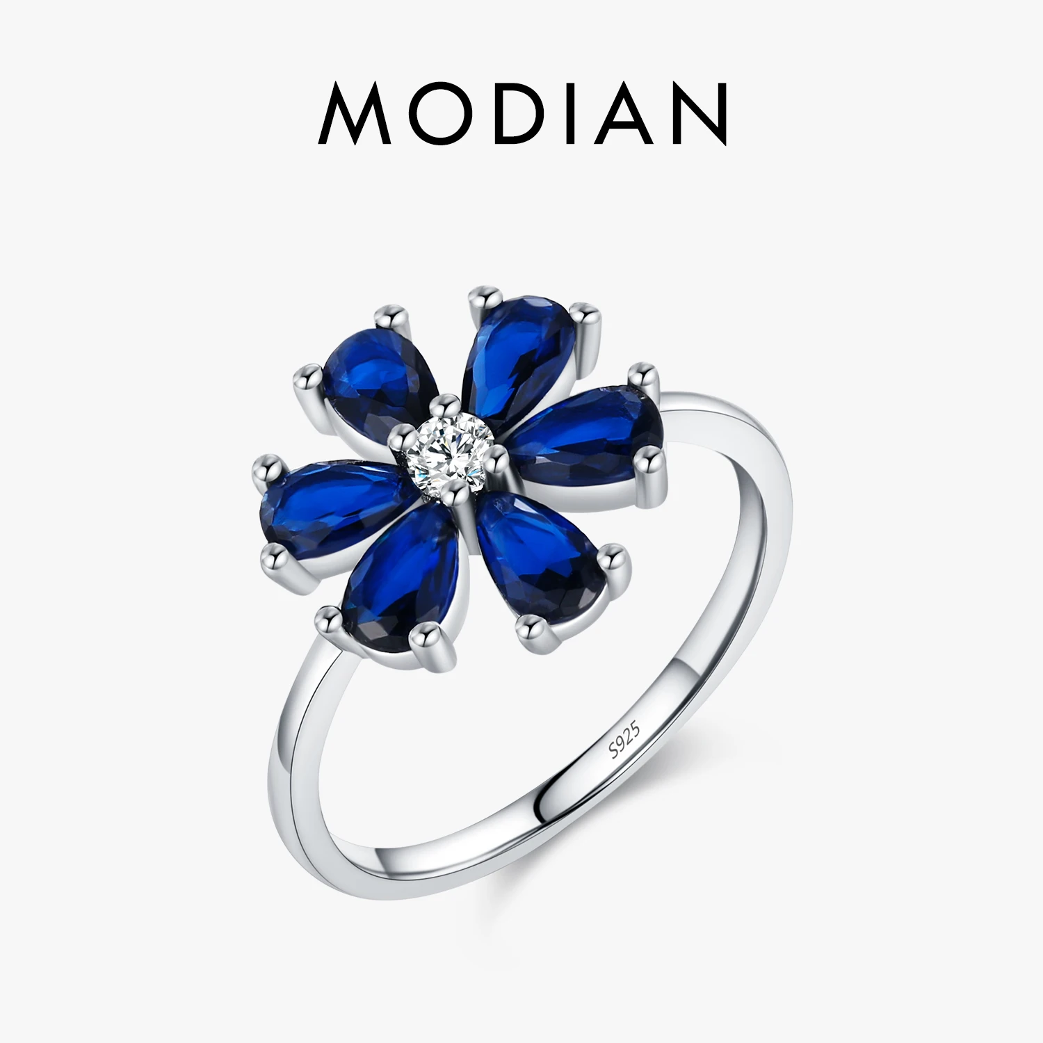 MODIAN 925 Sterling Silver Exquisite Flowers Finger Rings Royal Blue Water Drop Luxury Ring For Women Aniversary Fine Jewelry