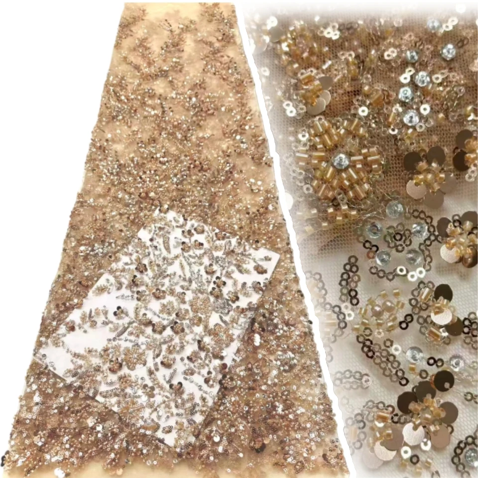 2026 حار بيع أقمشة الدانتيل لفستان باتي الفاخرة التطريز الترتر مع الخرز صافي الدانتيل فستان حفلات الزفاف 5 ياردة TP1822