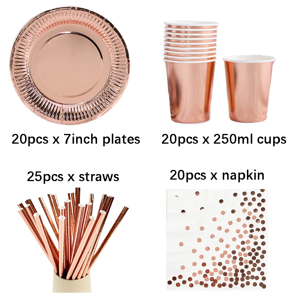 Gold Disposable Tableware Set Rose Gold Paper Plates Cups Napkins Banner Wedding Birthday Party Decoration Supplies