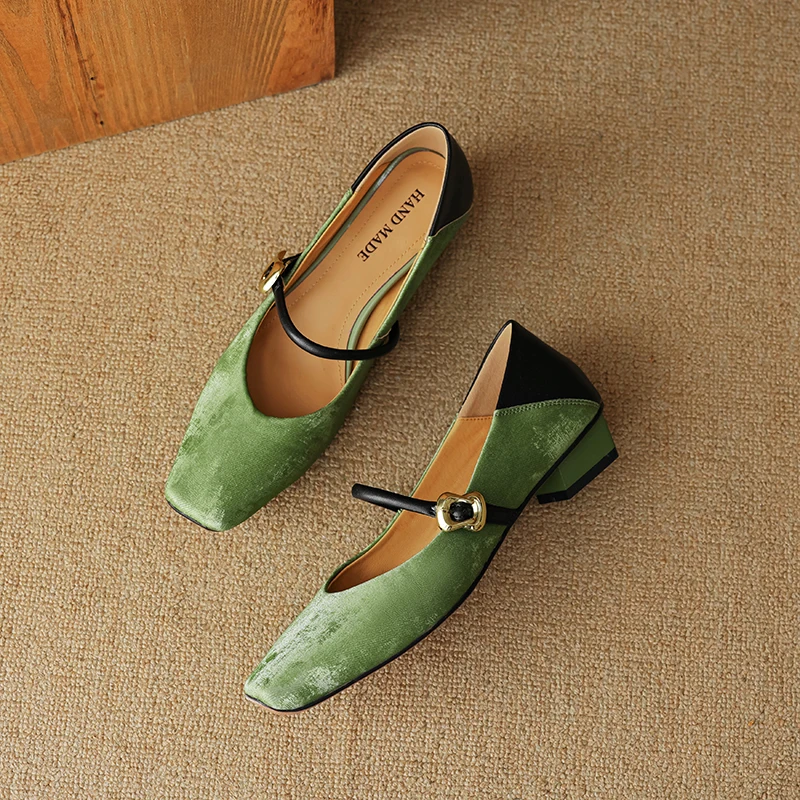 2024 new spring women pumps natural leather shoes 22-24.5cm sheepskin+pigskin square toe mixed colors buckle Mary Jane shoes