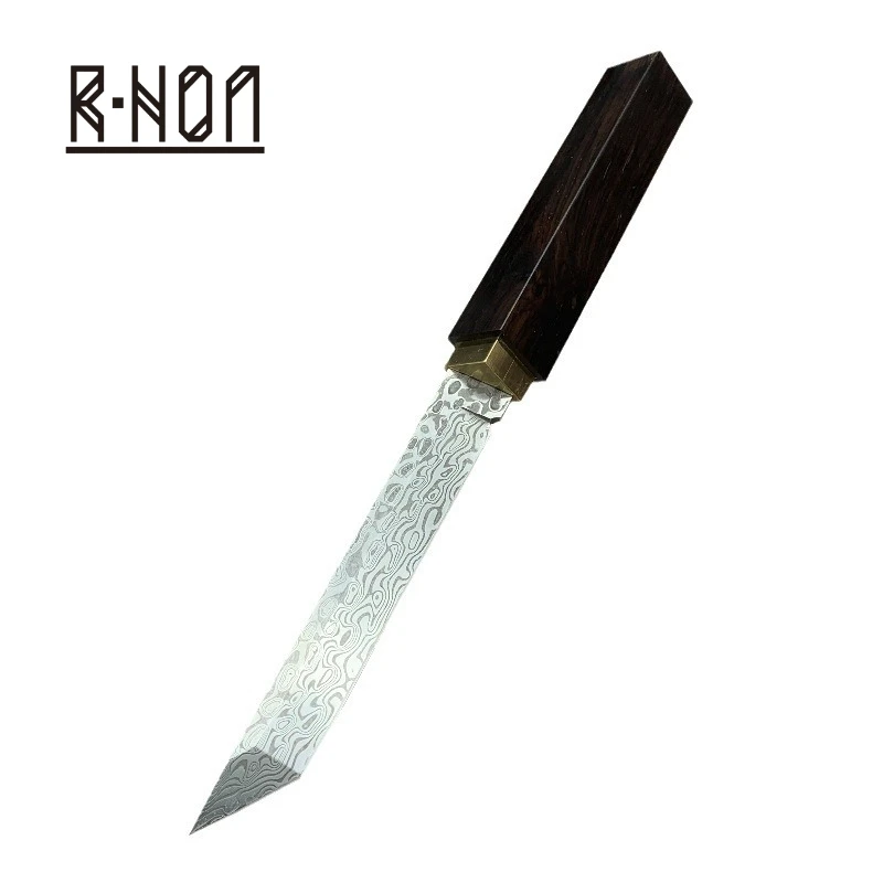 

RHON 3.75inch Powder Damascus Steel Fixed Blade Knife Utility Outdoor Camping Tanto Straight Blade Tea Fruit Knives Wood Handle