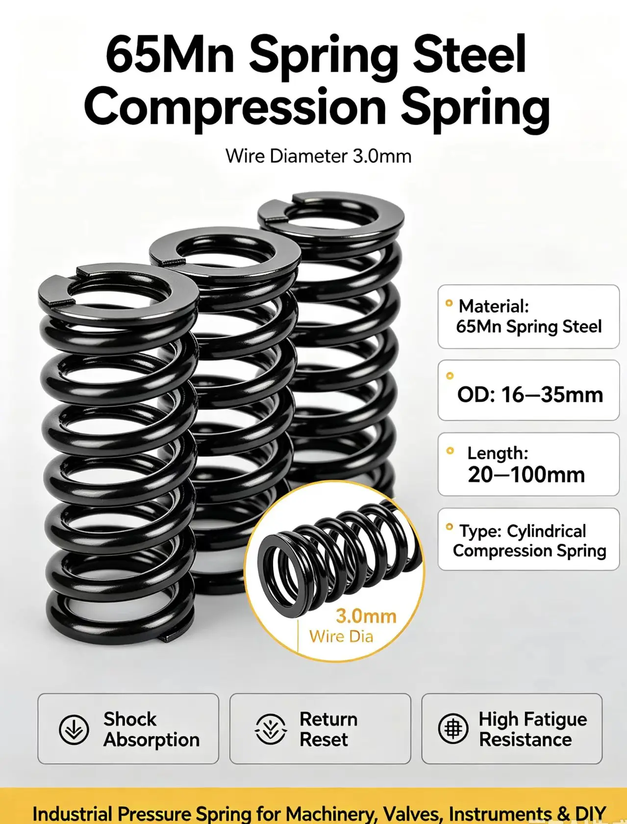 65Mn Spring Steel Compression Spring, Strong Pressure Shock Absorption Return Spring, Wire Dia 3.0mm, OD 16-35mm, Length 20-100m