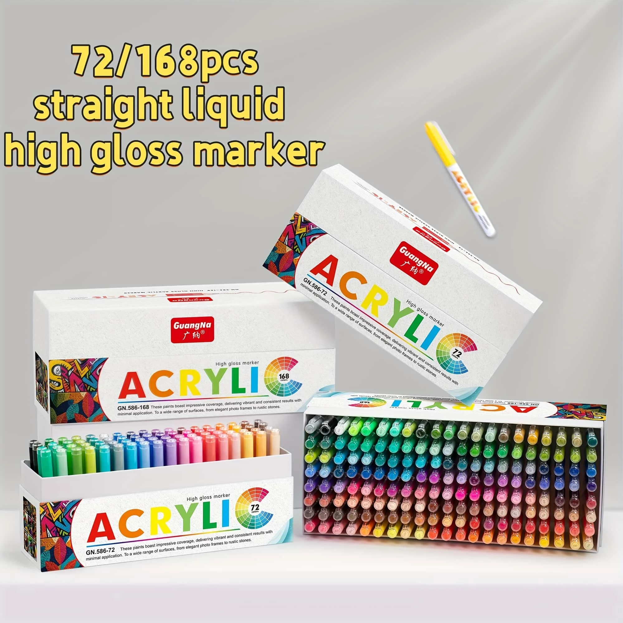 GuangNa 586 Straight Liquid High-gloss Acrylic Marker Pen 72/168 Color Art Painting Graffiti Manual Neutral Pen Large Capacity