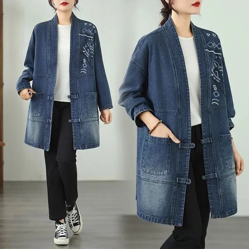 Artistic Retro Embroidery Denim Jacket, Autumn And Winter New Styles,Loose Medium Long Windbreaker Cardigan, Buttoned Top w1450