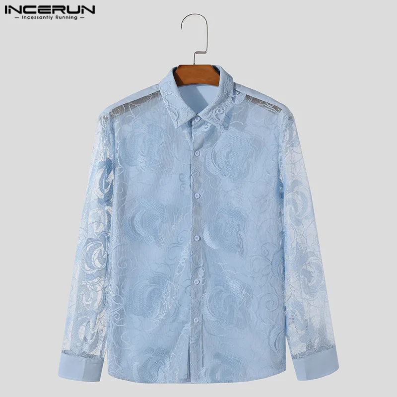 INCERUN Tops 2024 American Style Sexy Men Lace Floral Mesh Hollow See-through Shirt Male Clubwear Thin Long Sleeved Blouse S-5XL