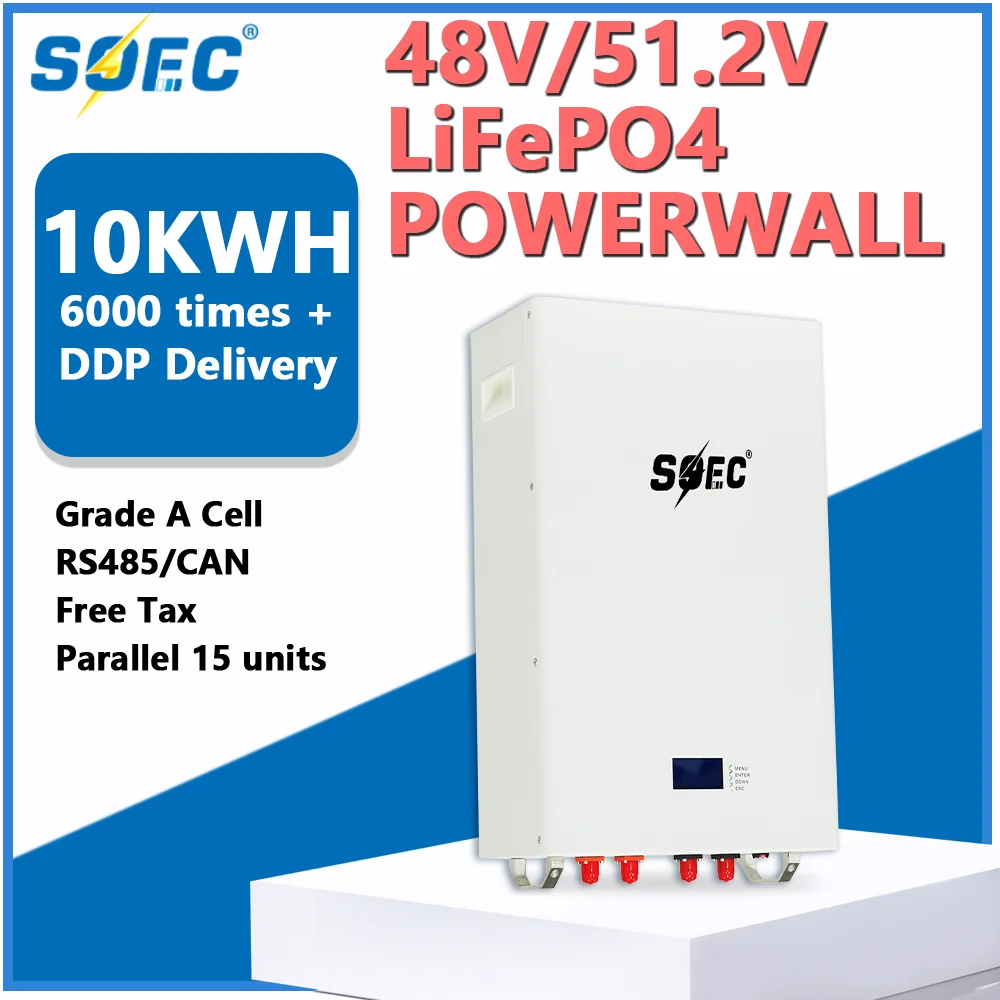 

SOEC 10KWh Powerwall Battery LiFePO4 48V 51.2V 200AH Battery with RS485 CAN Solar Home Energy Storage System 8 Years warranty