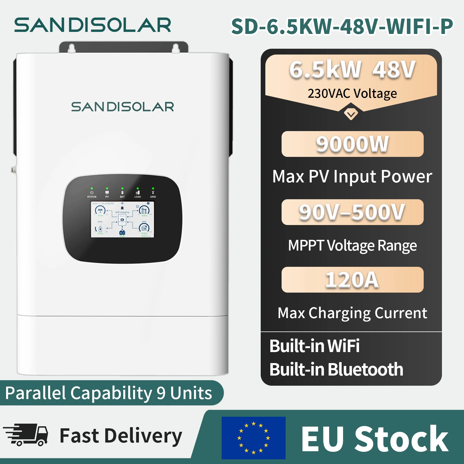 Sandisolar 6.5kW 48V Hybrid Solar Inverter 9000W Max PV Eingang 230V Reine Sinuswelle eingebaut in WiFi LCD & LED Dual Display APP Fernbedienung Unterstützung 9 Einheiten Parallel Home Farm RV Off