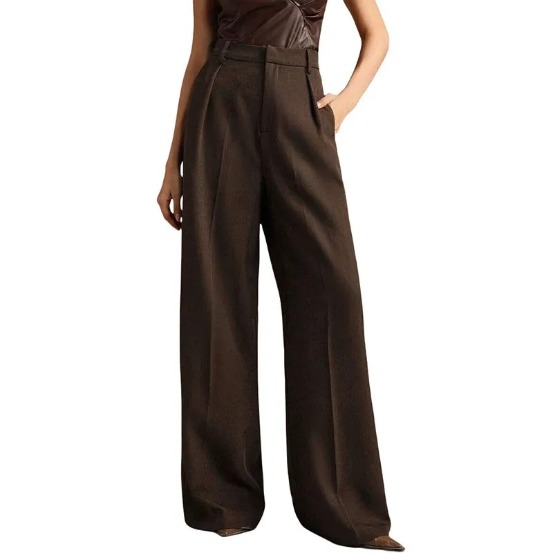Summer Women Wide Leg Pants High Waist Straight Trousers Pleated Front Beige Office Pants White Dark Grey Full Length Clothes