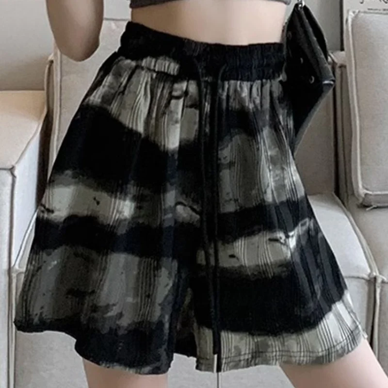 2024 Summer Thin Loose Plus Oversize Casual High Waist Lace Up Fashion Tie Dyed Ink Painting Ice Silk Wide Leg Shorts for Women