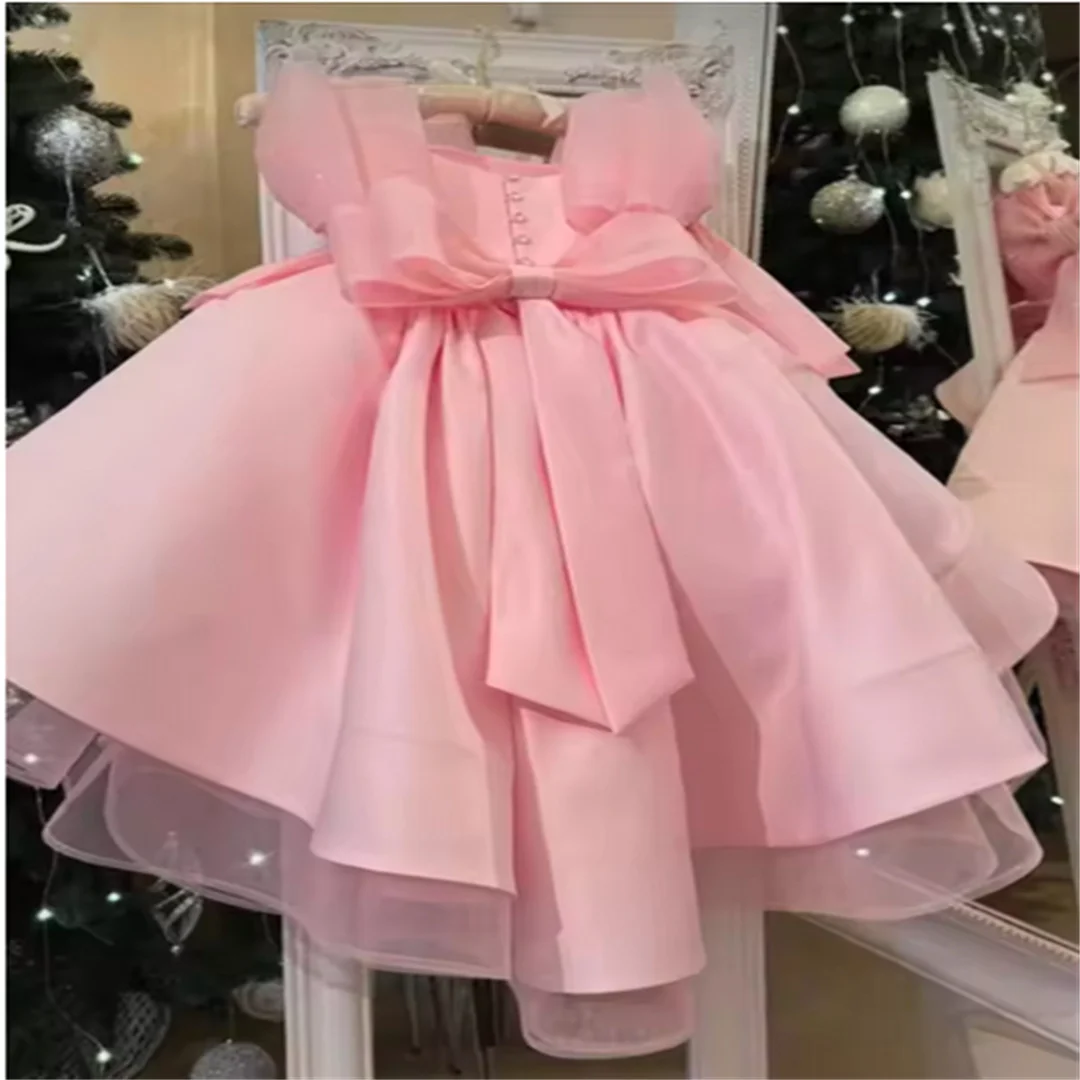 فساتين فتاة الزهور بفيونكة وردية عالية ومنخفضة مخصصة لحفلات أعياد الميلاد للفتيات الصغيرات للأطفال فستان التواصل الأول