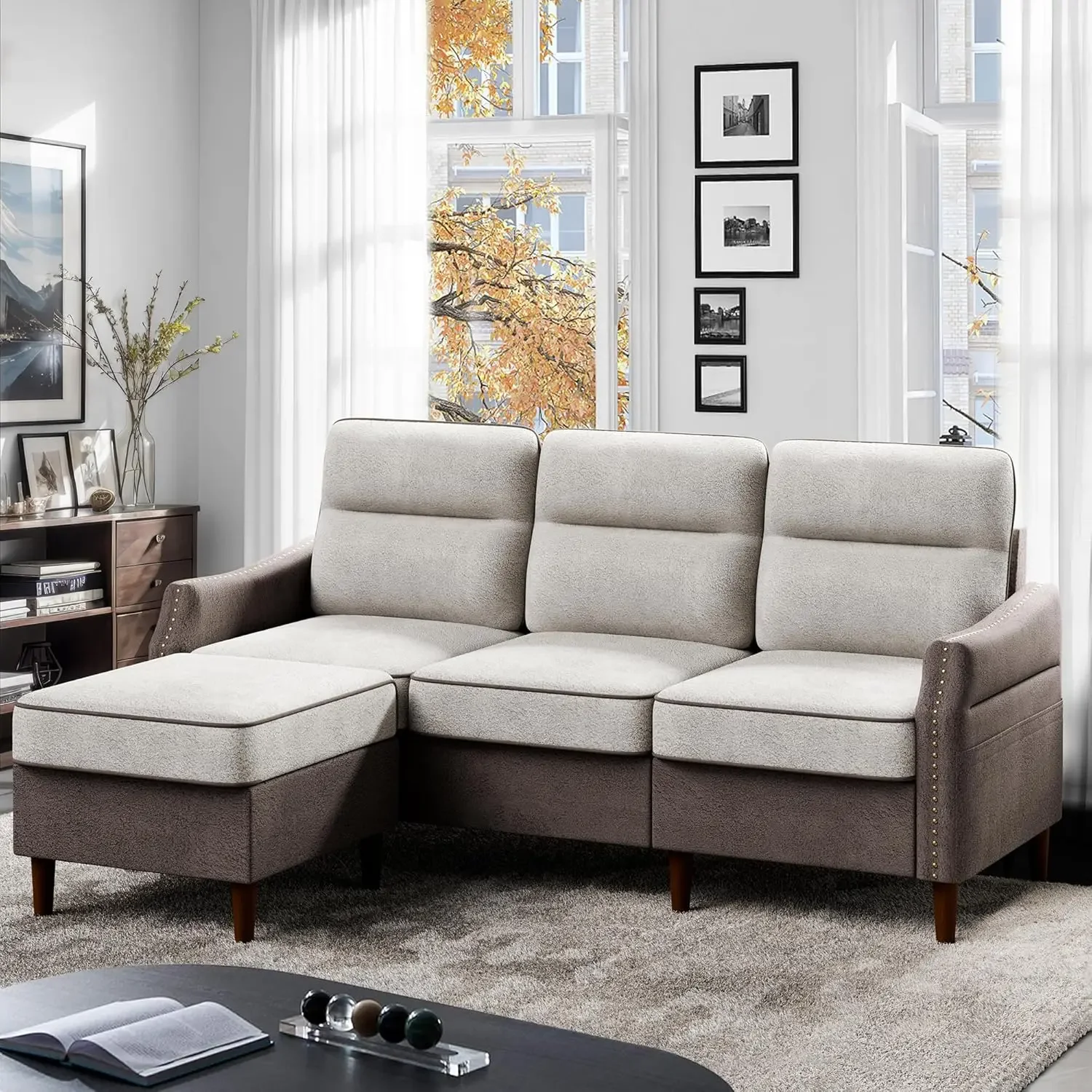 78'' Sectional L Shaped Sofa Couch with Side Storage Bag, Convertible Sofa with Reversible Chaise and Rivet Decor