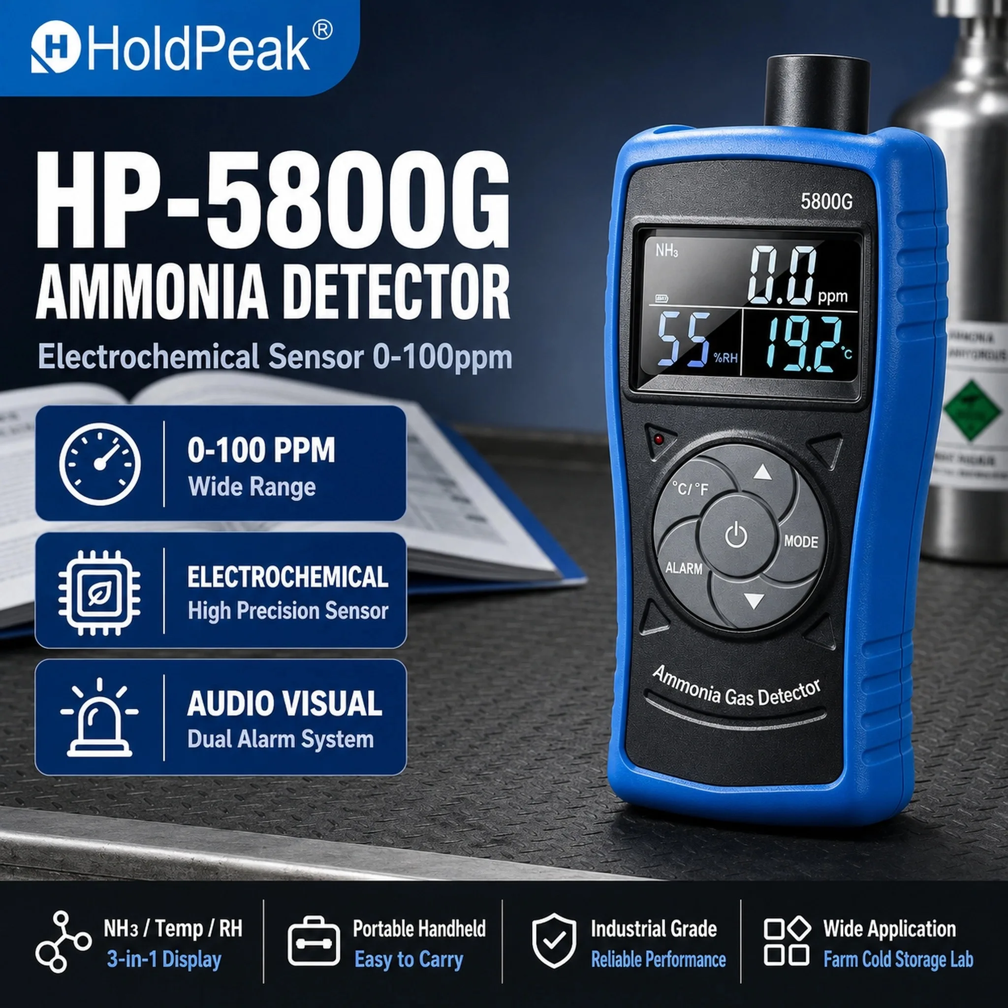 5800G Portable Ammonia Gas Detector 0-100ppm NH3 Monitor High Precision Electrochemical Sensor Dual Alarm for Farms Poultry
