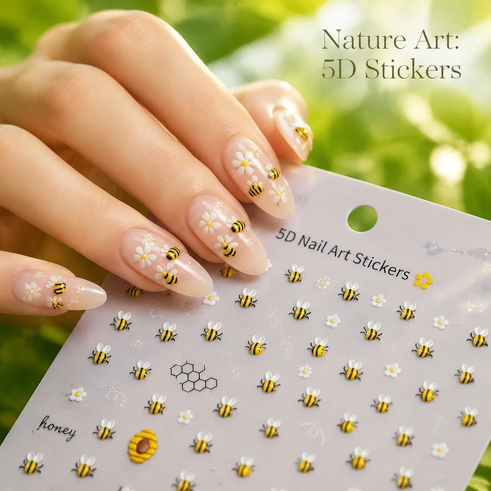 1Pc Sweet Nature Bee 5D Nail Stickers Embossed Daisy Flower Honeycomb Ornaments DIY Home Gel Nail Polish Decoration Supplies