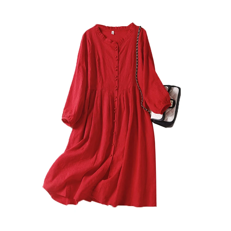 Robe en lin rouge élégante pour femmes, col rond, manches longues, Simple boutonnage, ligne a, mi-longue, mode Simple, tenue décontractée, nouvelle collection automne
