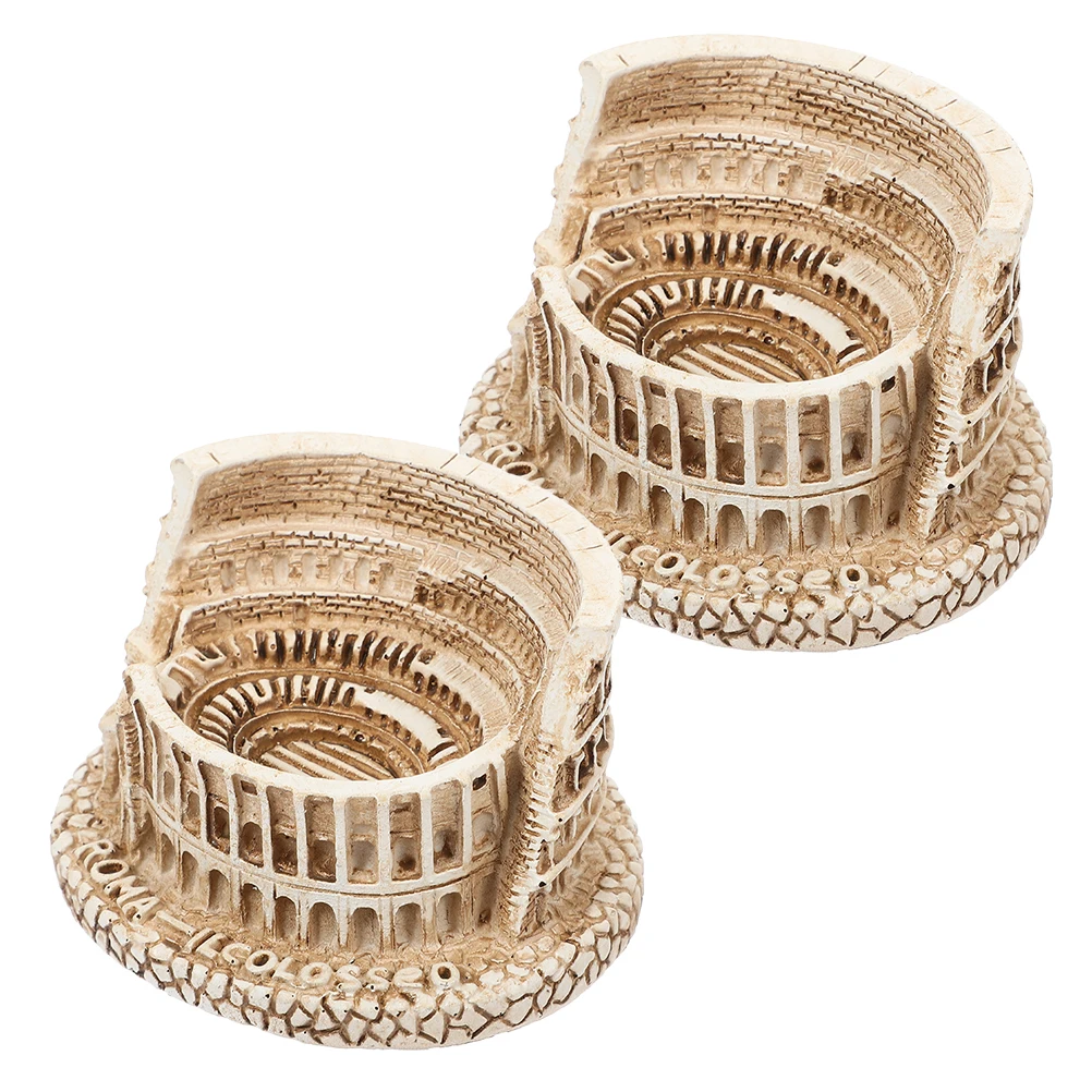 2 Pcs Colosseum Statue Desktop Sculpture Ancient Roman Architecture Model Props Decor Resin Fish Tank Building for Kids