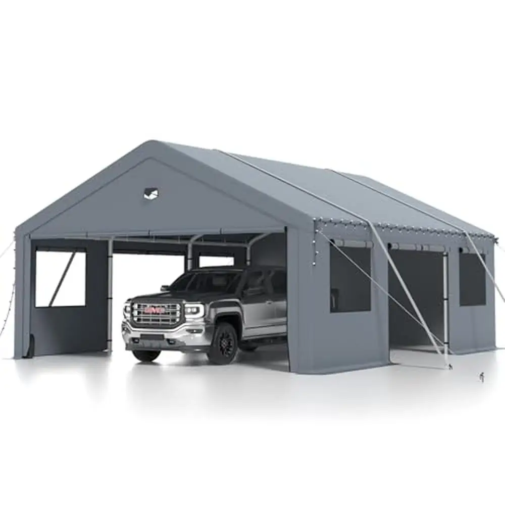 Outdoor Carport Canopy-High Density Waterproof UV Protection-2 Car Capacity-Light Belt-Bindings-Windproof Sandbags-24