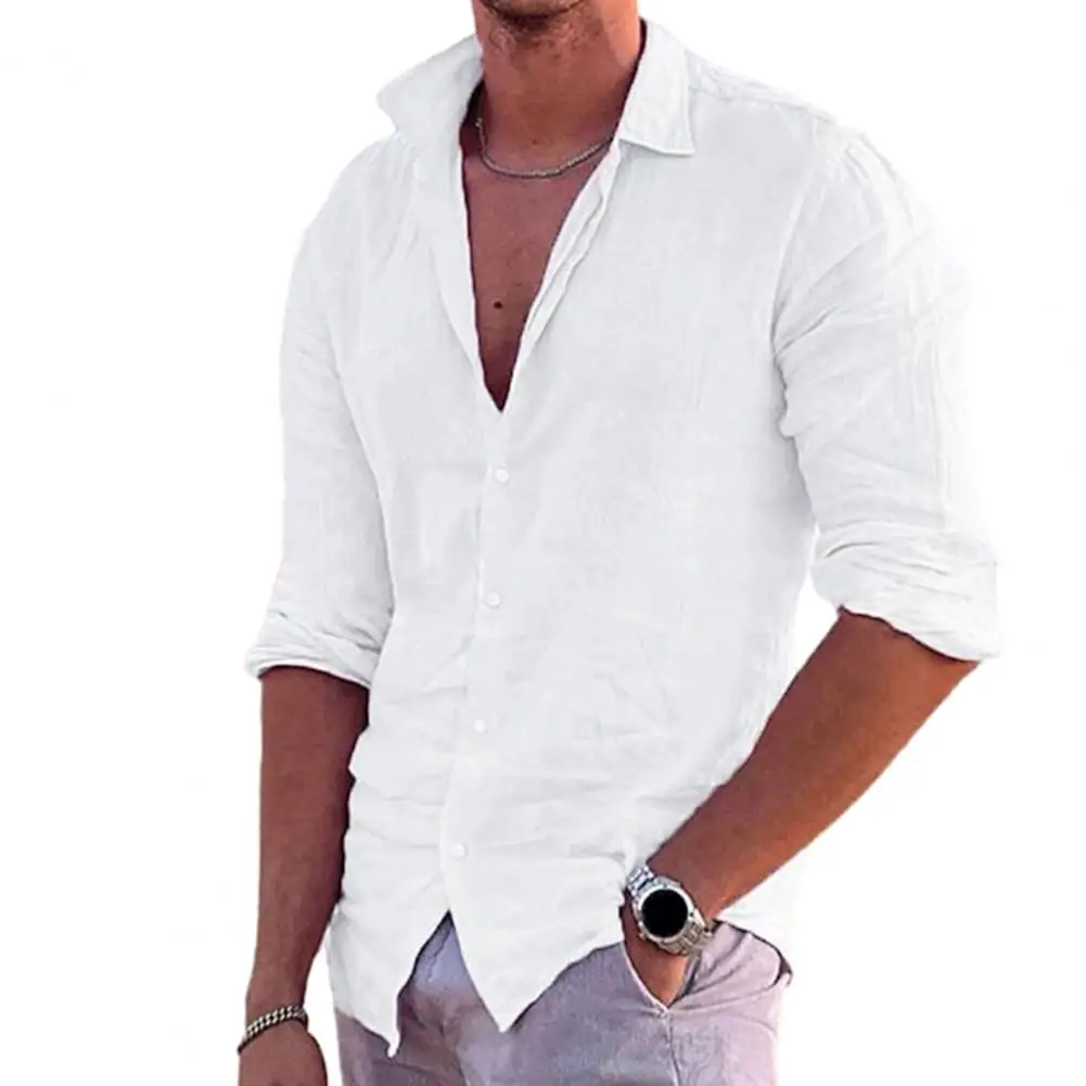 Cotton Linen 2023 Summer New Men\'s Solid Color Linen Casual Shirt Cardigan Long Sleeve Thin Breathable Shirts US S-3XL