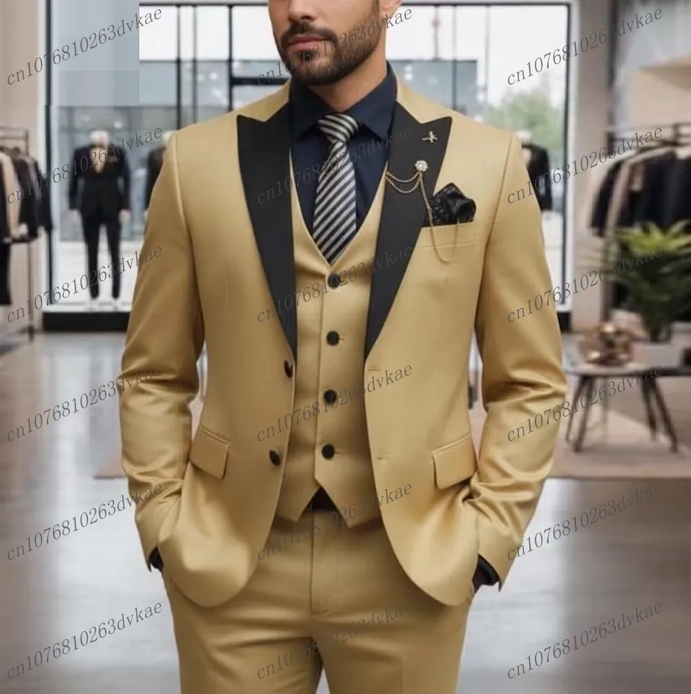 Black Collar Champagne Men Suit Wedding Party Formal Groom Groomsman Prom Business Male Tuxedos 3 Piece Set Jacket Vest Pants