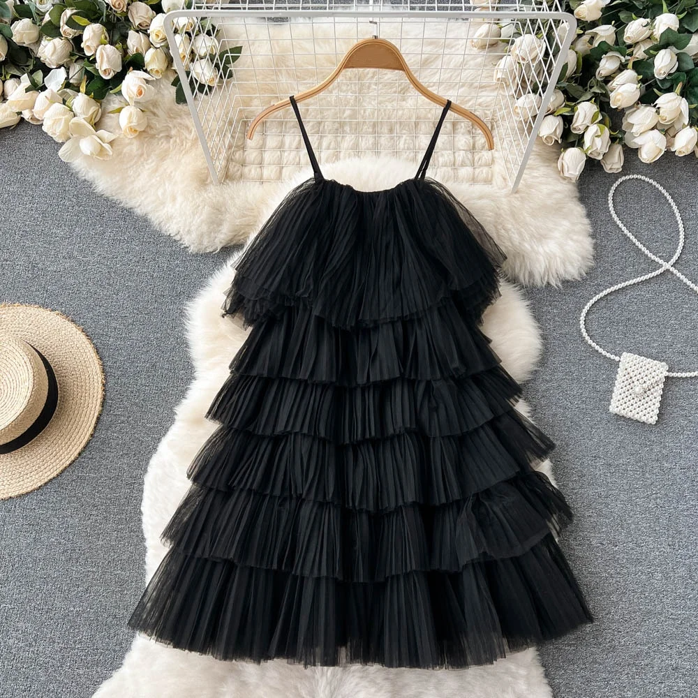 Clothland Women Sexy Mesh Strap Dress Spaghetti Straps Ball Gown Candy Color Chic Mini Dresses Vestido QD869