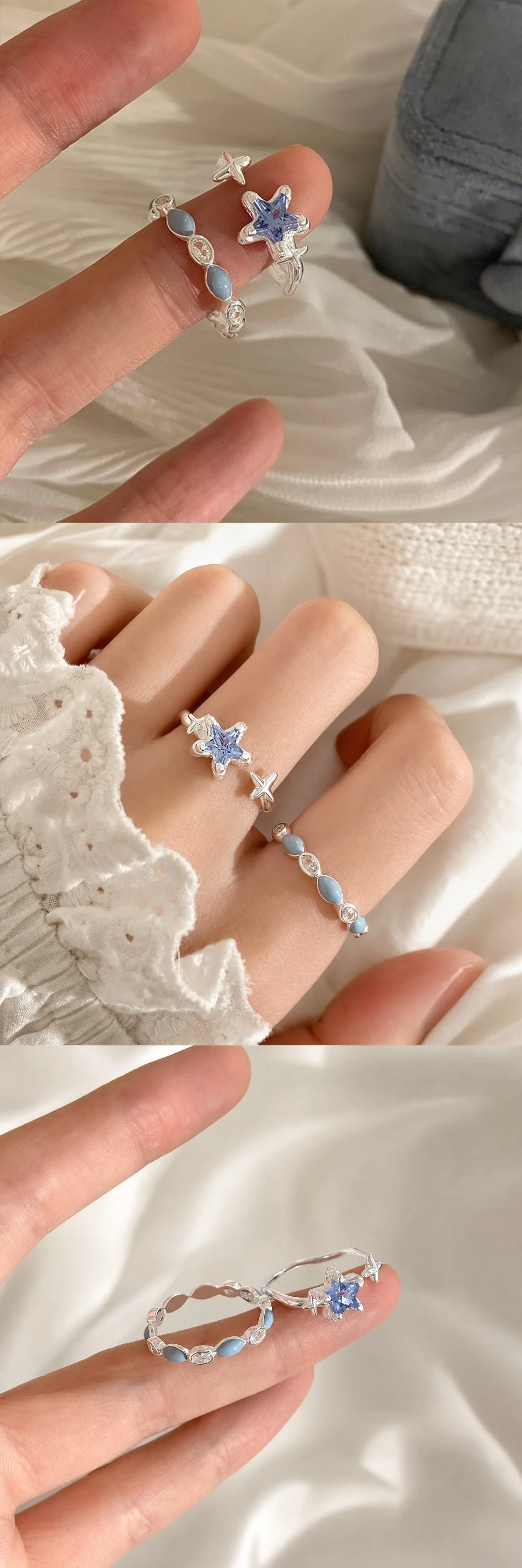Fresh Sea Blue Zircon Star Ring Niche Drip Oil Design Open Ring Fashion Personalized Jewelry