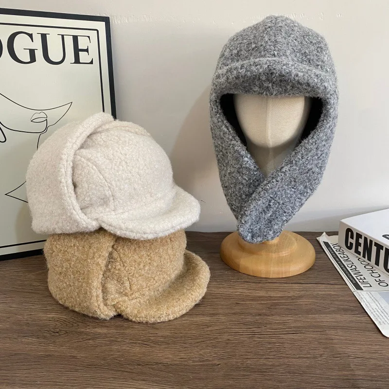 autumn winter caps with earflaps plush warm thickened wool blending baseball cap for women men winter hats earmuff