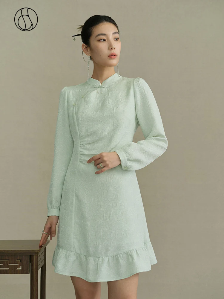 

DUSHU New Chinese Style Improved Cheongsam Dress Autumn Long Sleeve Knee-Length Mint Green Dresses Female Stand Collar Dress