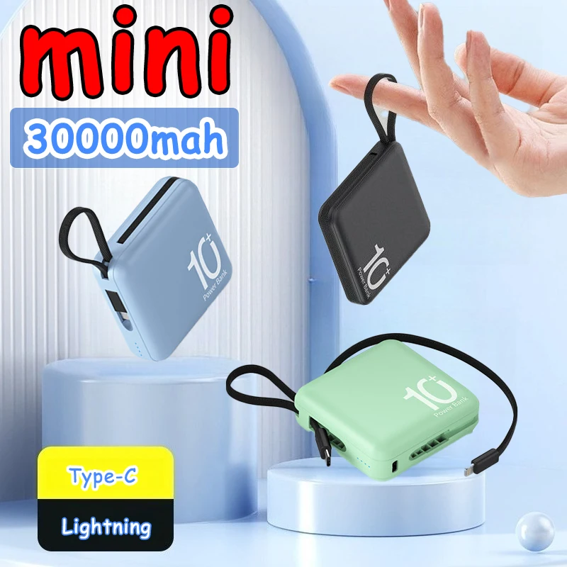 Portable External Battery 30000mAh Mini Power Bank Built-in Type C Cable Fast Charger for IPhone 15 16 Samsung Xiaomi Powerbank