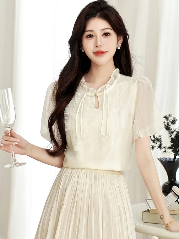 

New Chinese Sle Women's ort Sve irt 2025 Summer Unique Beautiful Top High-End Bubble Sve Chiffon Blouse