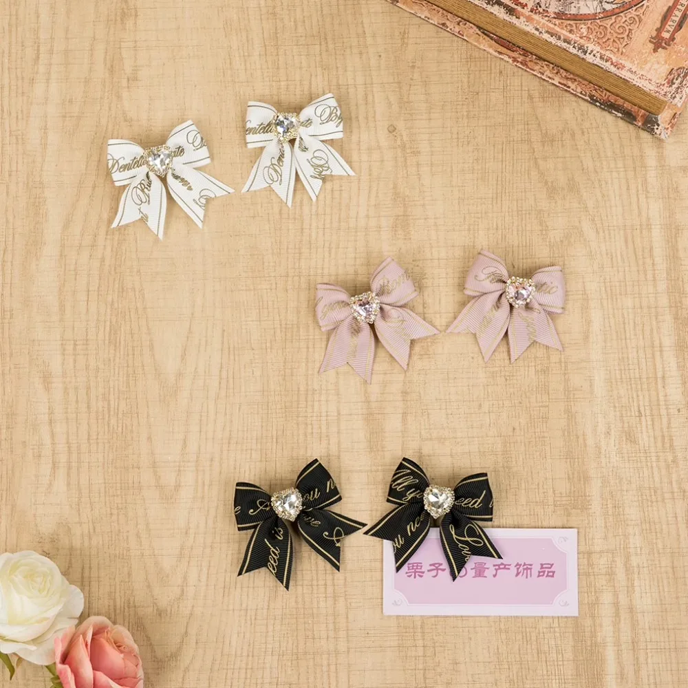 

Japanese Lolita Hair Clips Sweet Lace Headdress Mine Heart Shape Rhinestone Lace Bow Girl Hair Accessories